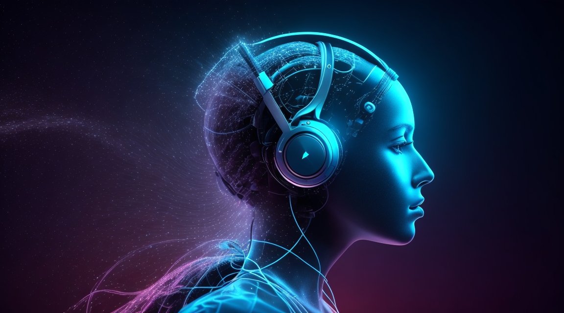 Robotic woman wearing headphones
