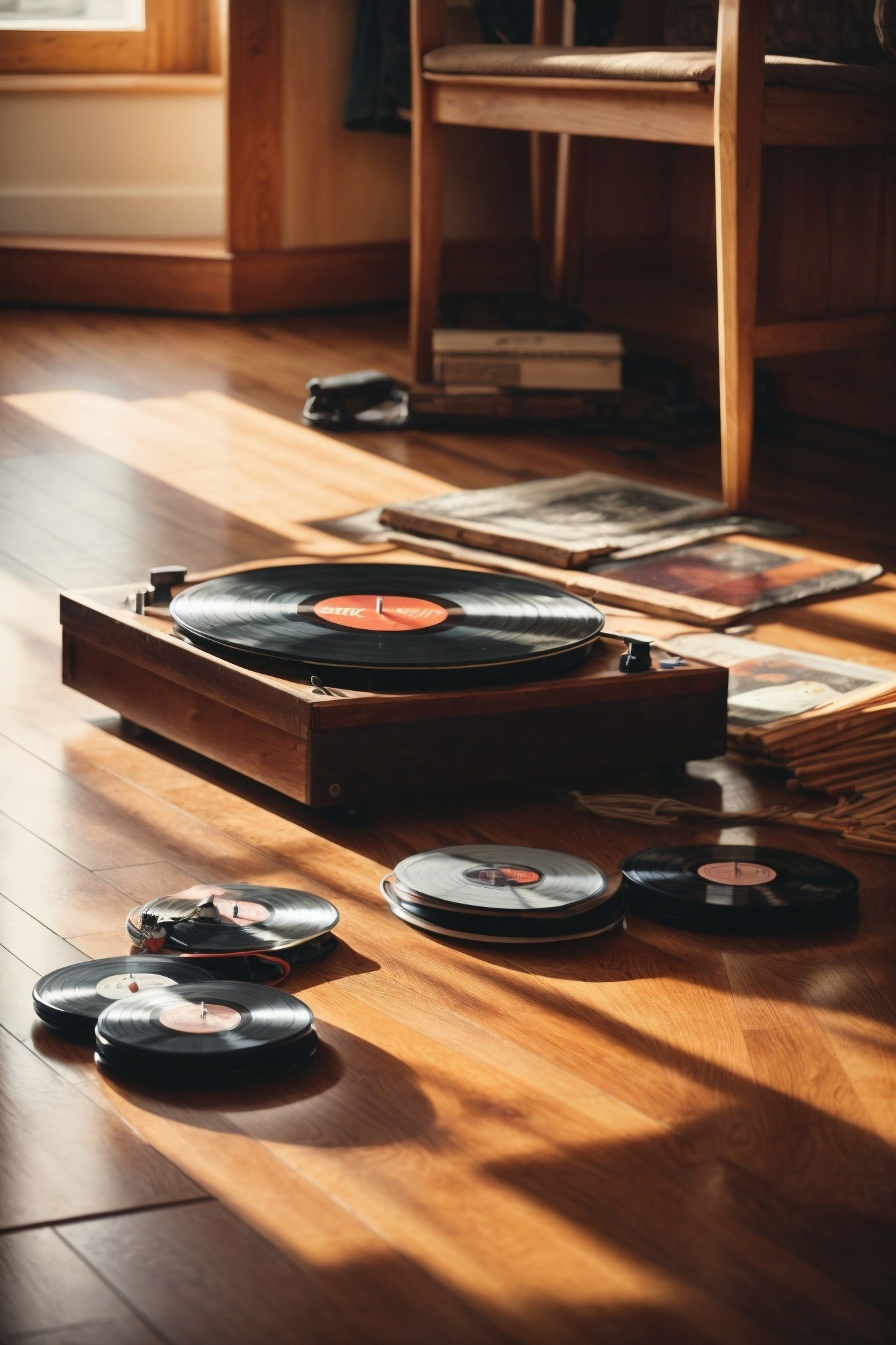 Vinyl records on a hardwood floor.