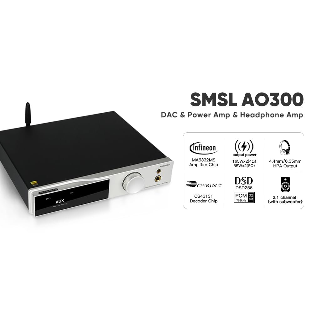 SMSL AO300 MA5332MS Class D Power Amplifier CS43131 165W x 165W DAC Headphone Amp, USB/Coax/Opt/HDMI ARC/RCA Input 2.1 Channel Speaker/Subwoofer 4.4mm/6.35mm Headphone Output, MQA-CD DAC Amp(Black)